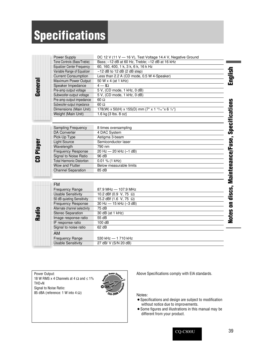 Panasonic CQ-C800U operating instructions Specifications 