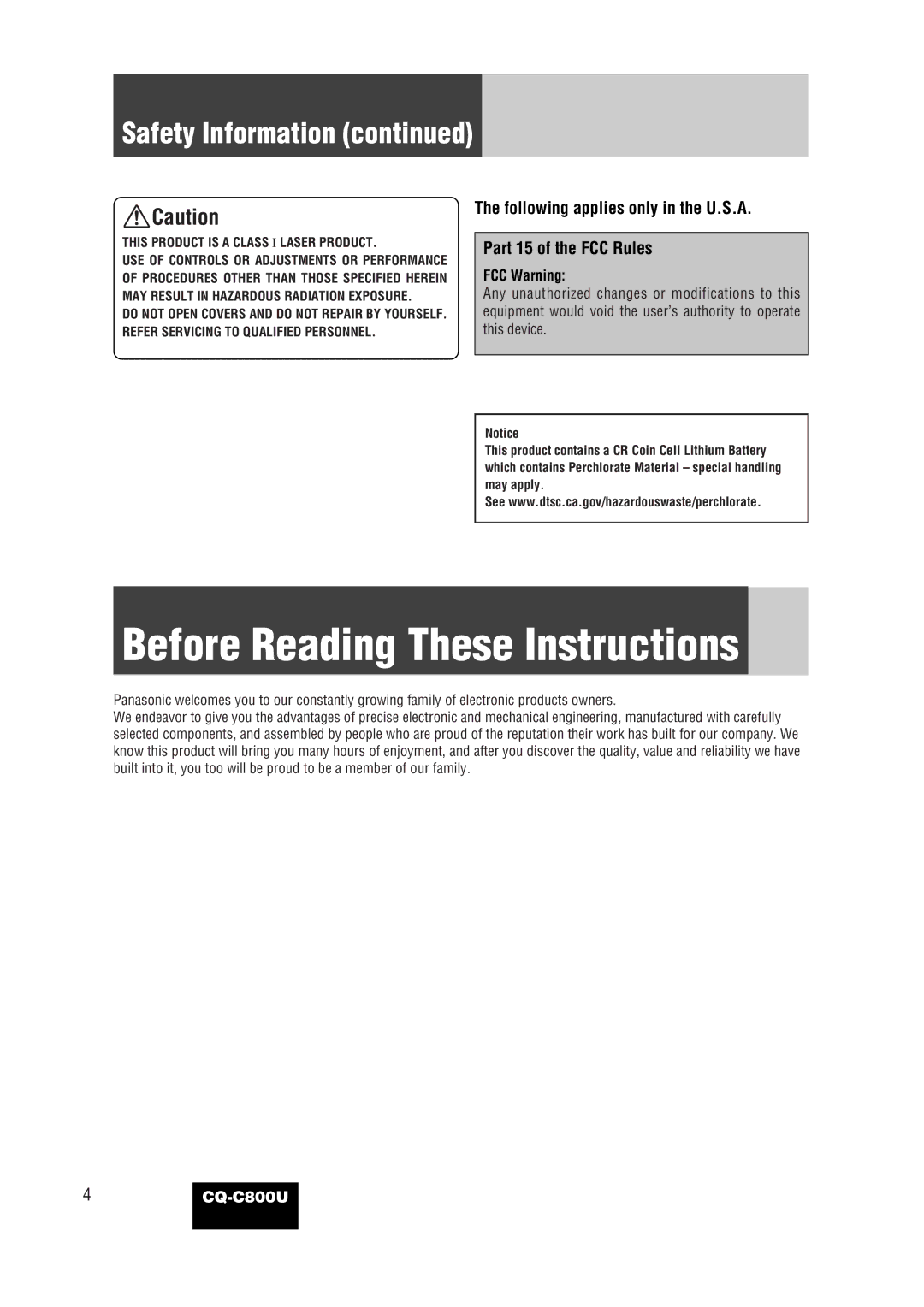 Panasonic CQ-C800U operating instructions Before Reading These Instructions, FCC Warning 