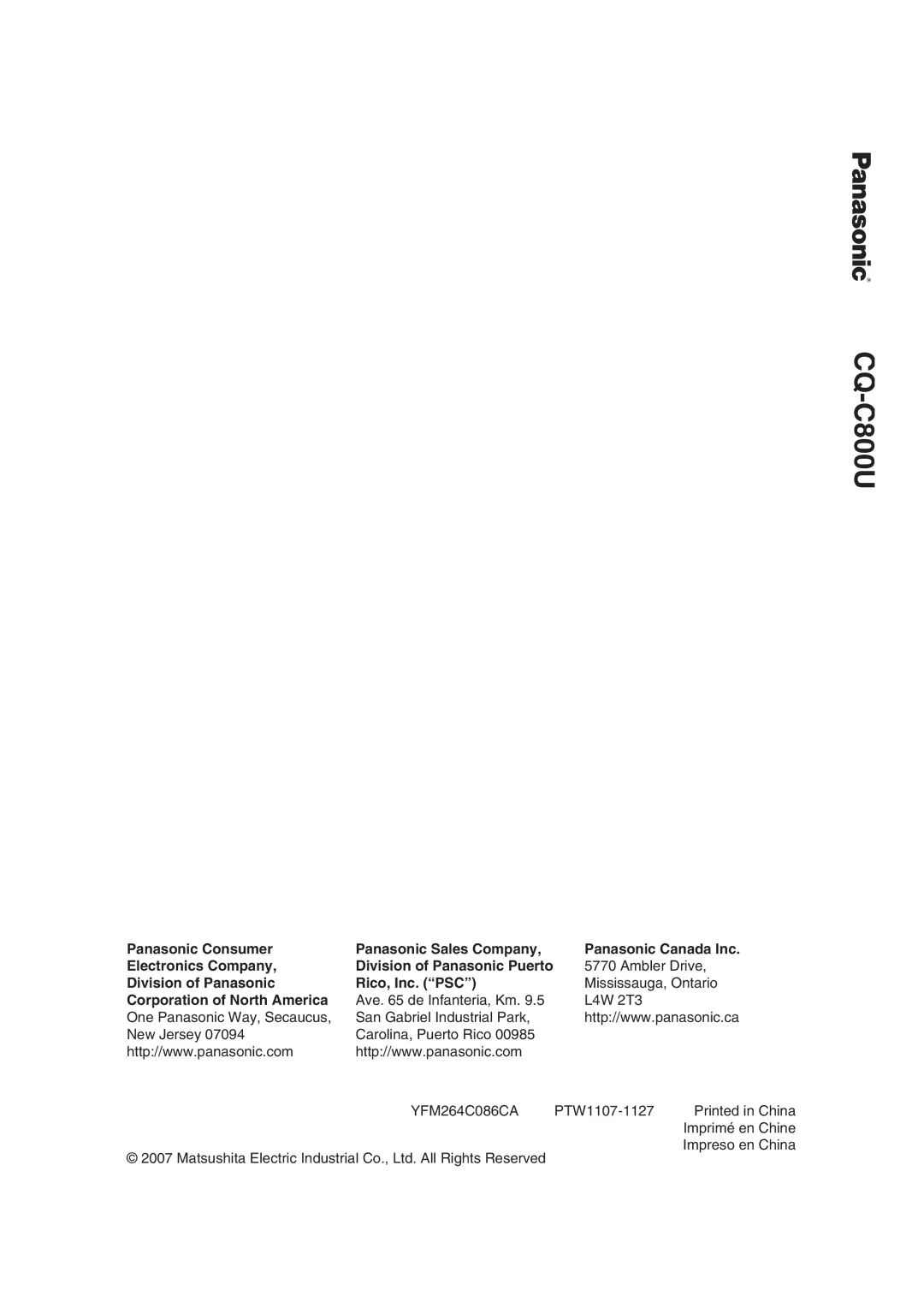 Panasonic CQ-C800U operating instructions Division of Panasonic Rico, Inc. PSC, Corporation of North America 