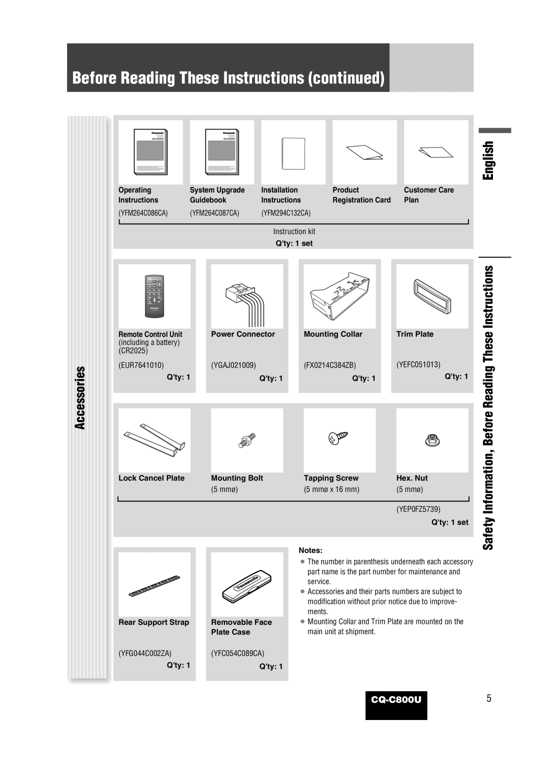 Panasonic CQ-C800U operating instructions Accessories, English 