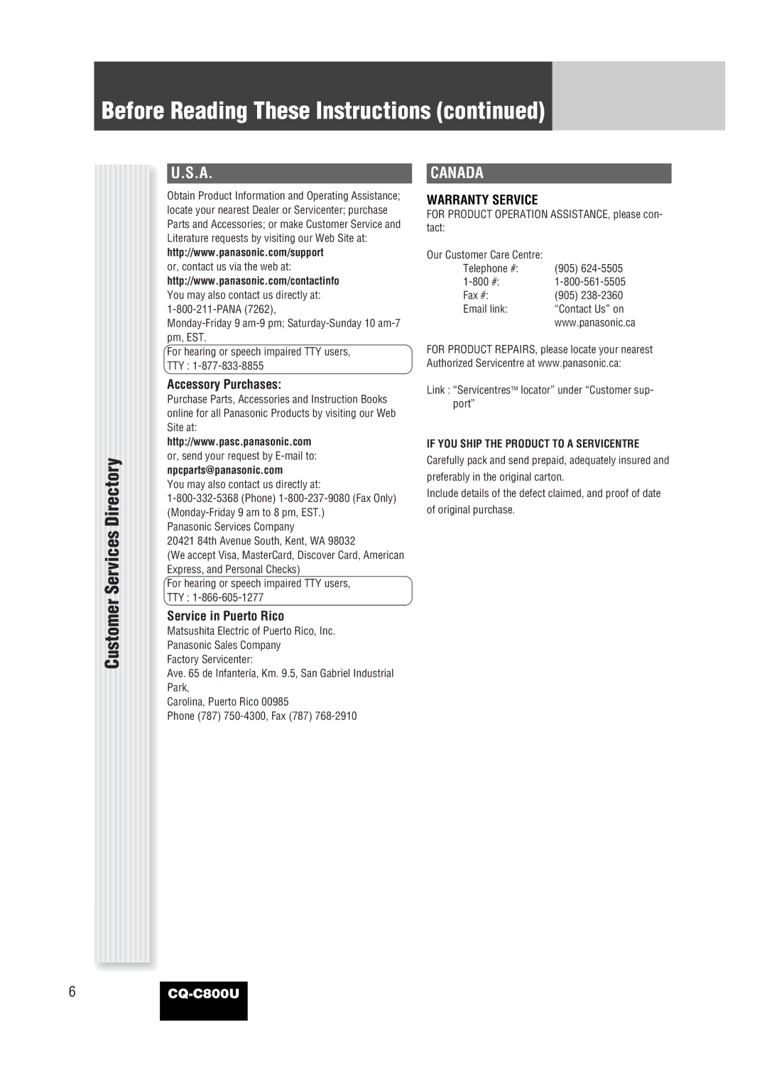 Panasonic CQ-C800U operating instructions Customer Services Directory, Canada, Accessory Purchases, Service in Puerto Rico 