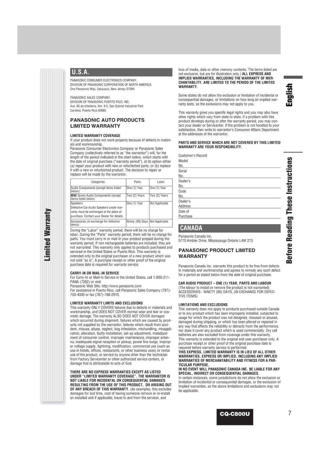 Panasonic CQ-C800U operating instructions Limited Warranty, Before Reading These Instructions 