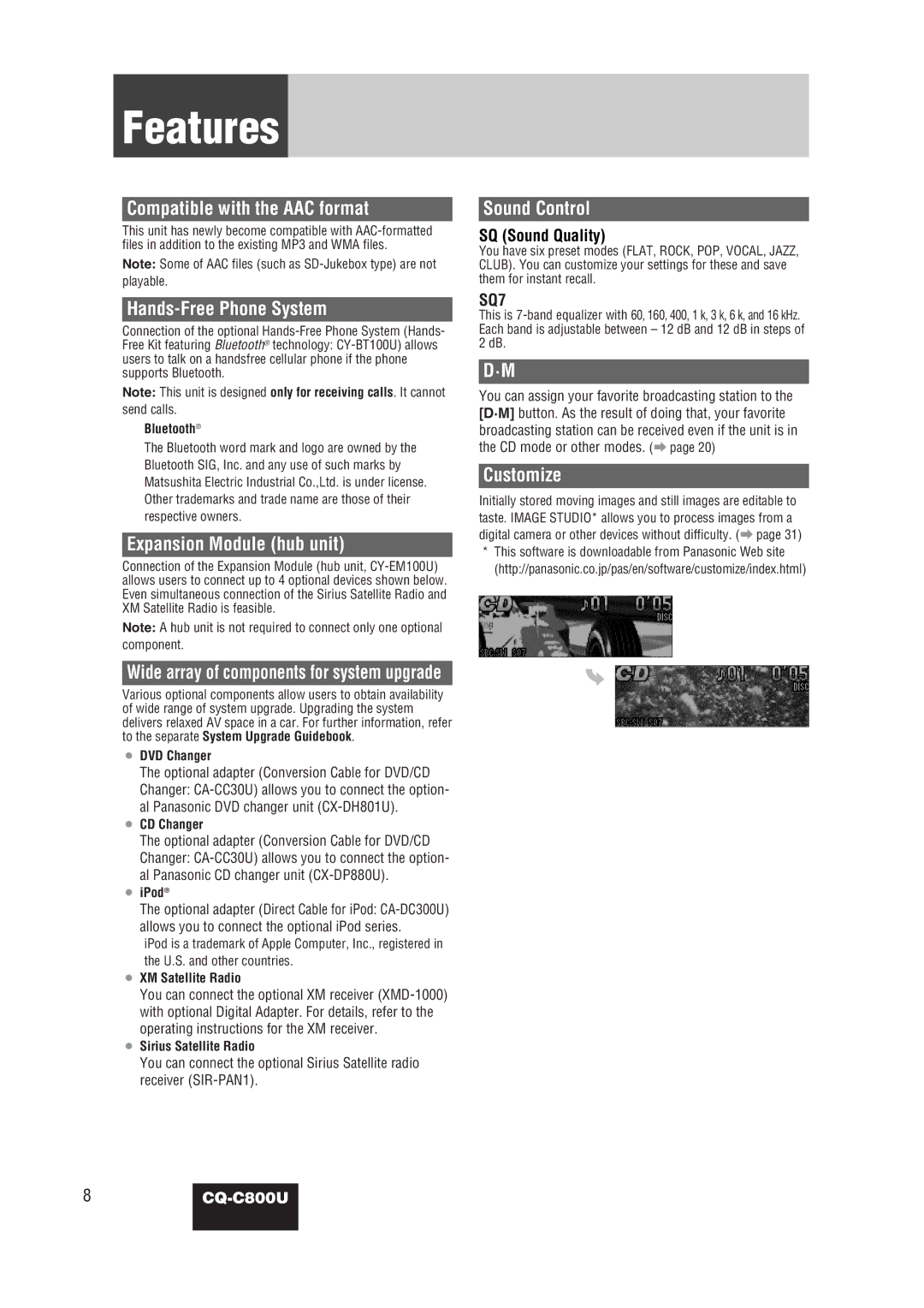 Panasonic CQ-C800U operating instructions Features 