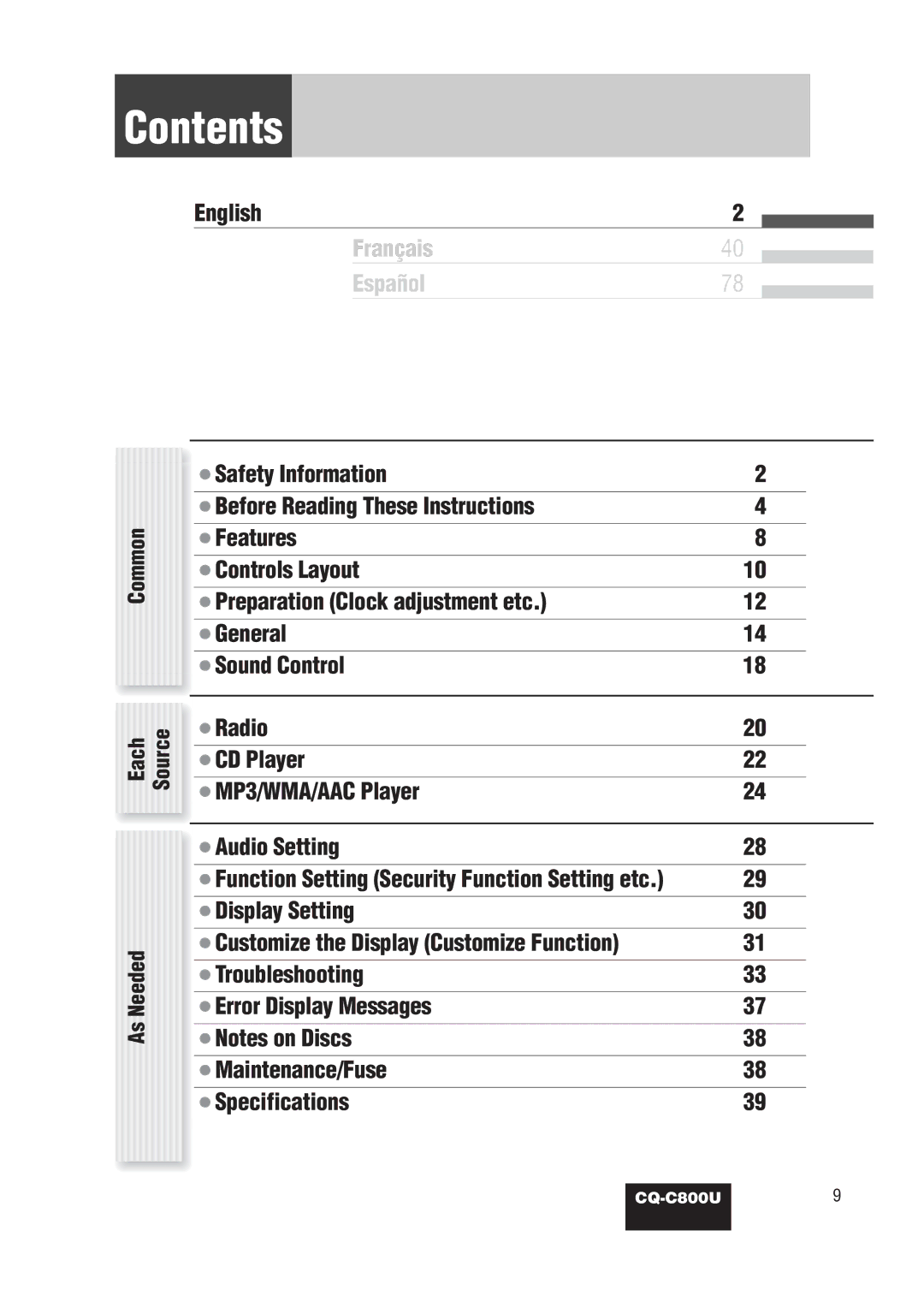 Panasonic CQ-C800U operating instructions Contents 