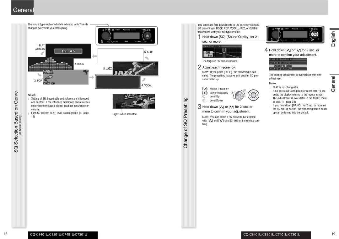 Panasonic C8301U, CQ-C8401U Change of SQ Presetting, Hold down SQ Sound Quality for 2 sec. or more, Adjust each frequency 