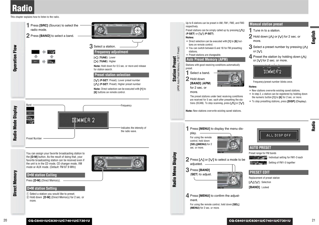 Panasonic C7401U, CQ-C8401U, C7301U, C8301U operating instructions Flow, Radio Menu Display 