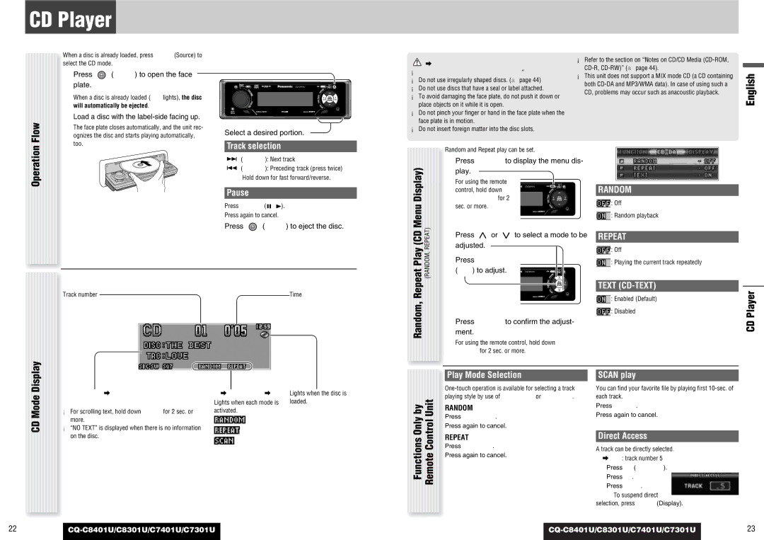 Panasonic CQ-C8401U, C7301U, C8301U, C7401U operating instructions CD Player, Unit, Random, Remote Control 