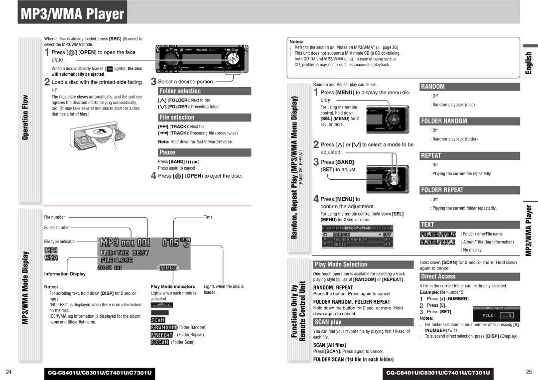 Panasonic C7301U, CQ-C8401U, C8301U, C7401U operating instructions MP3/WMA Player, Play MP3/WMA, Repeat 