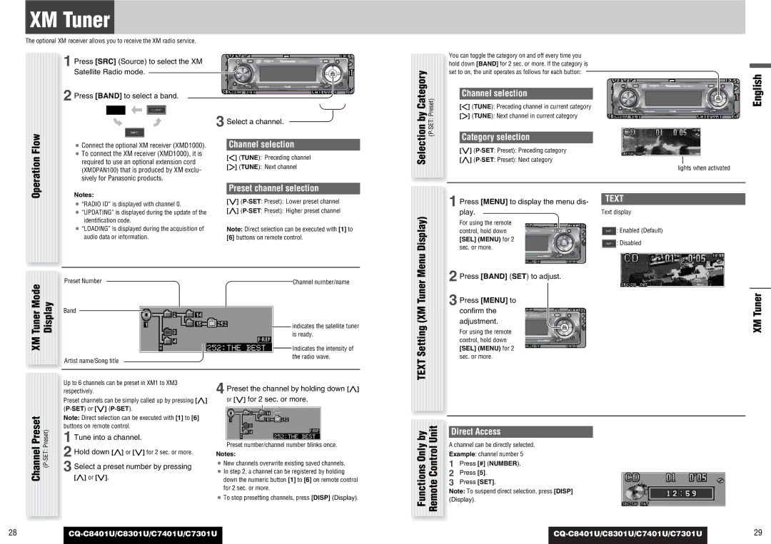 Panasonic C7401U, C7301U XM Tuner, Selection by Category, Preset channel selection, Channel selection, Category selection 