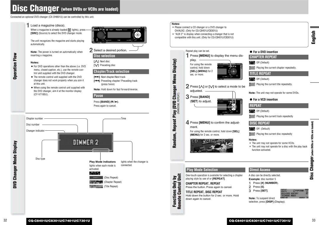 Panasonic C7301U, CQ-C8401U, C8301U, C7401U operating instructions English, Random, Repeat, Unit 