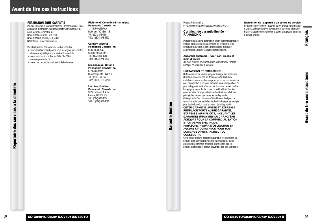 Panasonic C8301U Répertoire des services à la clientèle, Garantie limitée, Lire, Réparation Sous Garantie, Panasonic 