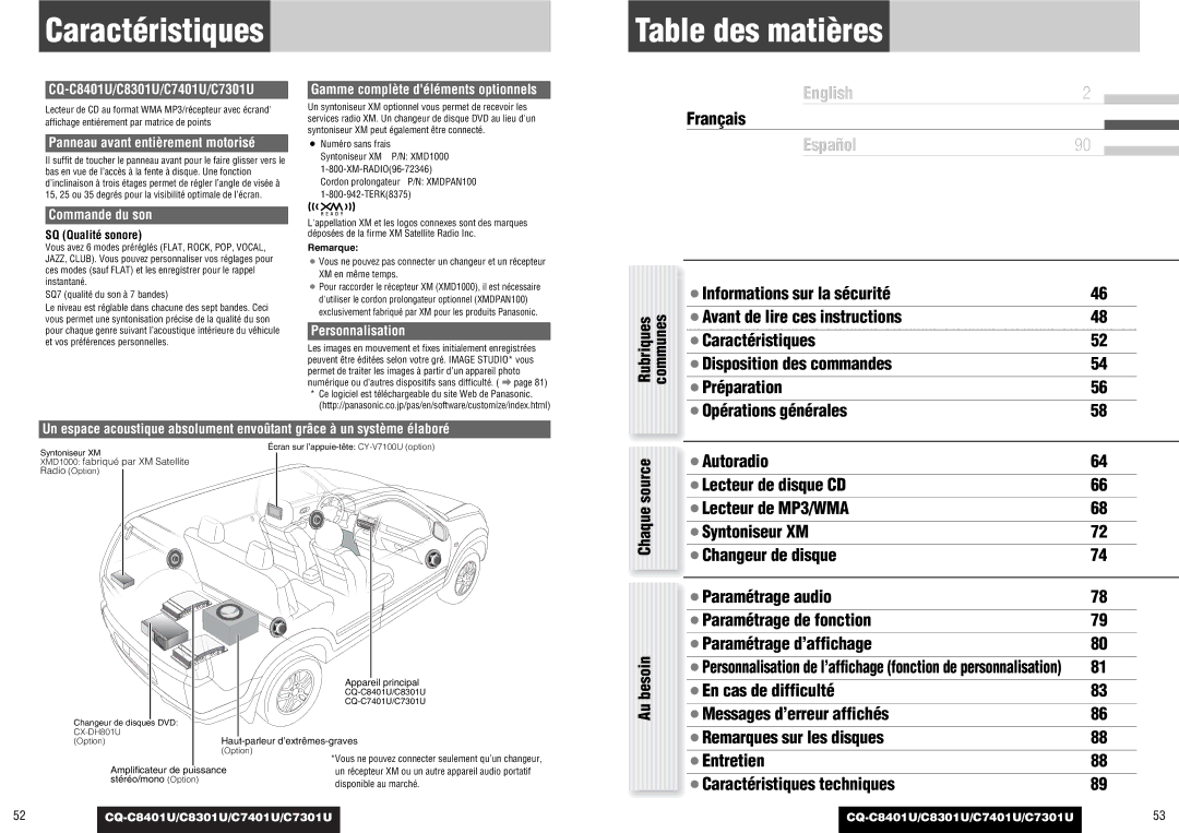 Panasonic C7401U, CQ-C8401U, C7301U, C8301U operating instructions Caractéristiques Table des matières, Besoin, Source, Chaque 