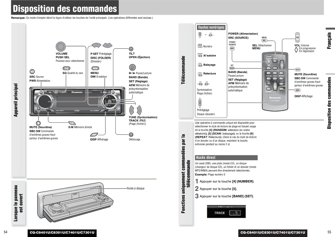 Panasonic CQ-C8401U Disposition des commandes, Panneaule Ouvert, Lorsque Est Télécommande Uniquement commandées par la 