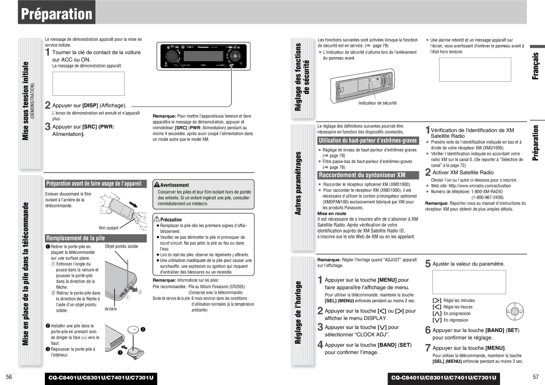 Panasonic C7301U, CQ-C8401U, C8301U, C7401U operating instructions Préparation, Pile, Mise, Des fonctions 