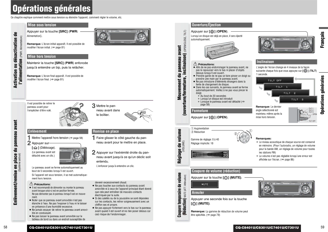 Panasonic C8301U, CQ-C8401U, C7301U, C7401U operating instructions Opérations générales, Avant 