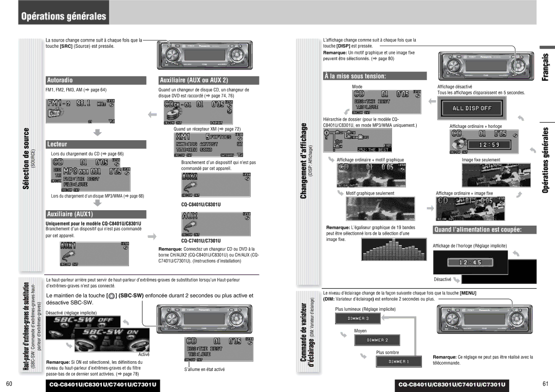 Panasonic C7401U, CQ-C8401U, C7301U, C8301U operating instructions Opérations générales, Changement d’affichage, Substitution 