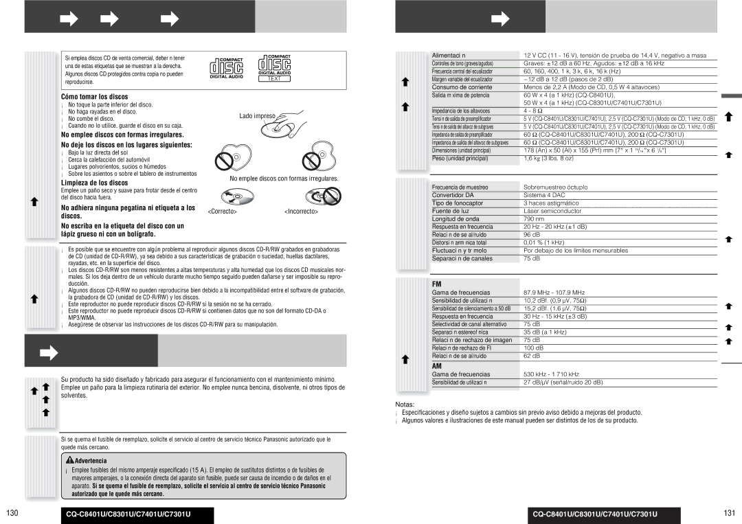 Panasonic C8301U, CQ-C8401U, C7301U, C7401U Notas acerca de los discos, Mantenimiento, Especificaciones, Sobre los 