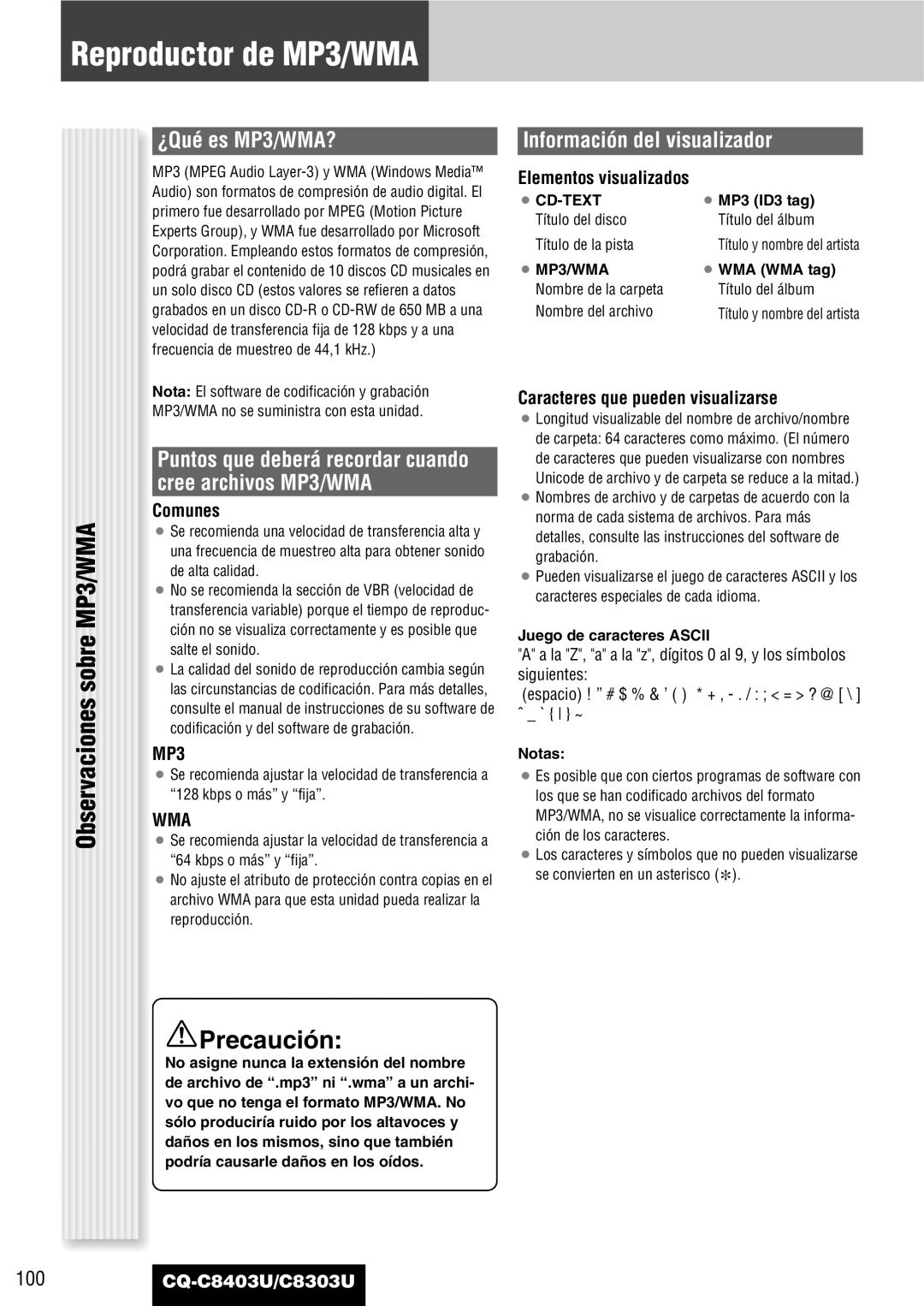 Panasonic CQ-C8403U Reproductor de MP3/WMA, Observaciones sobre MP3/WMA, ¿Qué es MP3/WMA?, Información del visualizador 