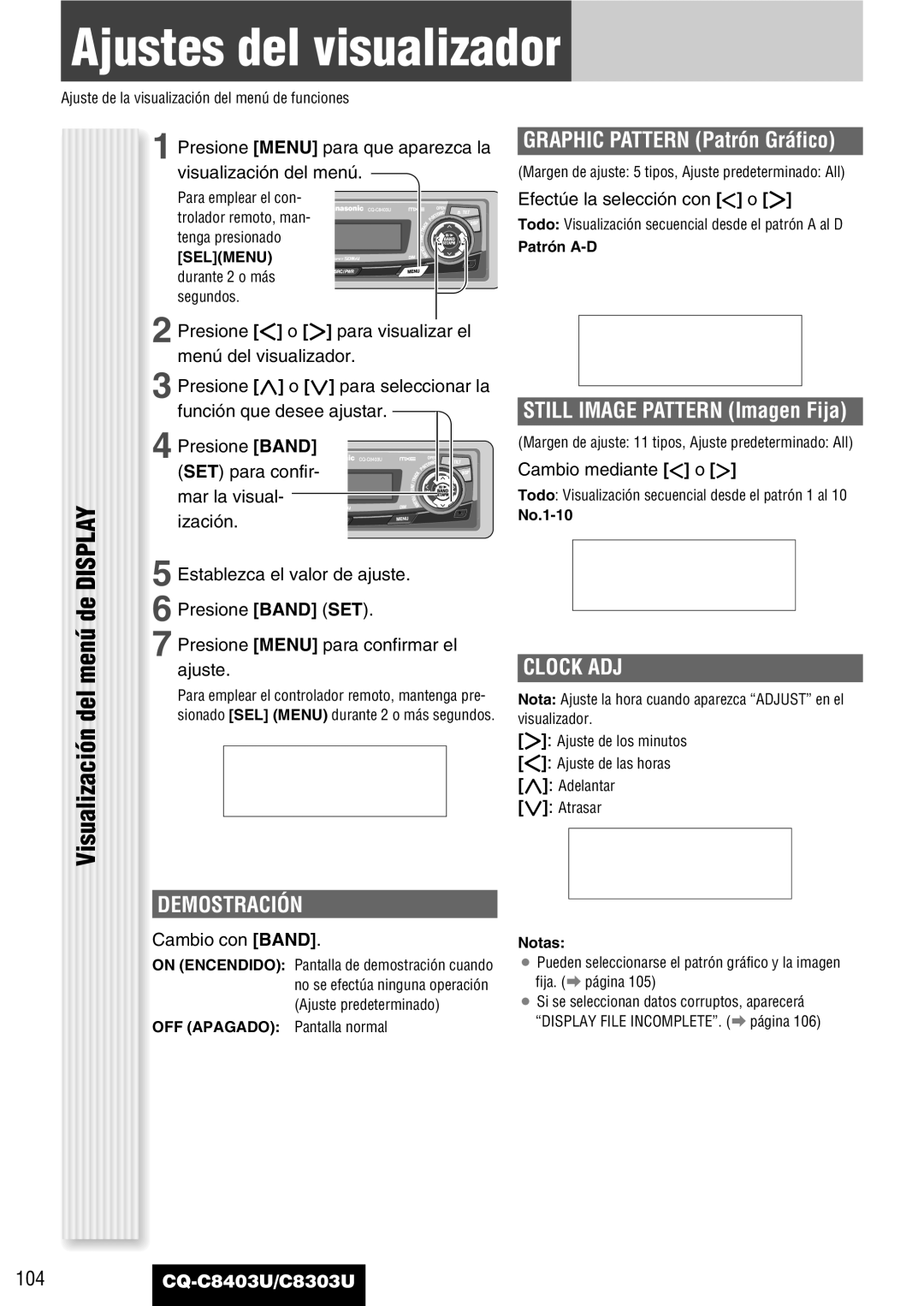 Panasonic CQ-C8403U, CQ-C8303U warranty Ajustes del visualizador, Demostración, Graphic Pattern Patrón Gráfico 