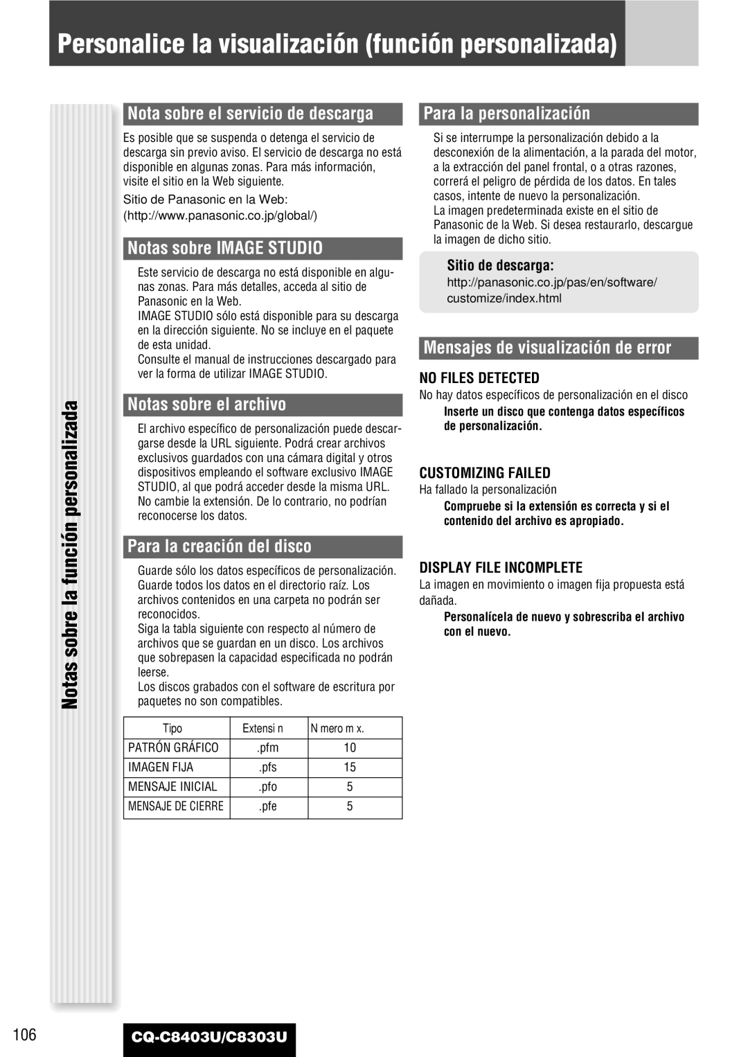 Panasonic CQ-C8403U, CQ-C8303U warranty Personalice la visualización función personalizada, Personalizada 