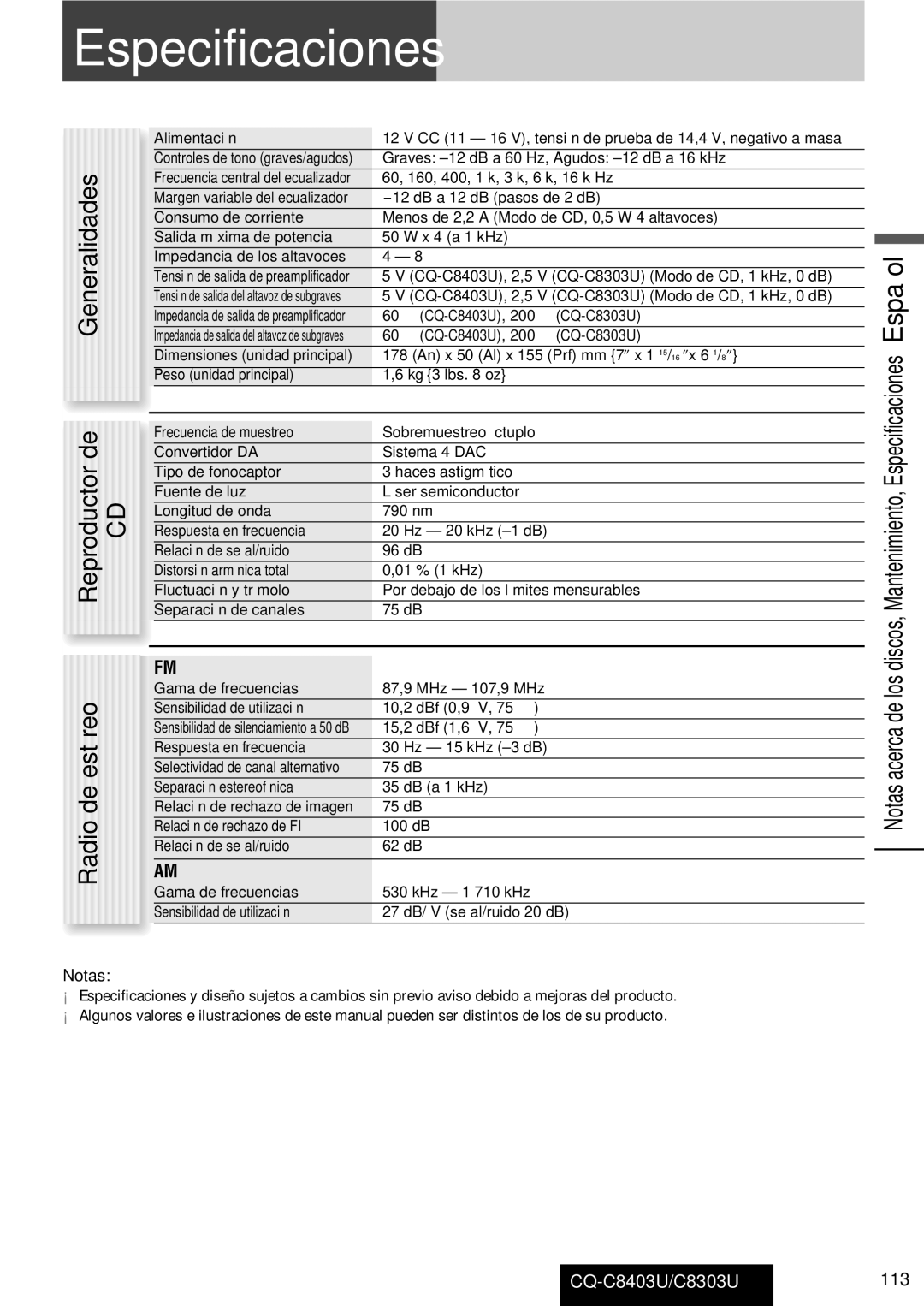 Panasonic CQ-C8303U, CQ-C8403U warranty Especificaciones, Generalidades Reproductor de CD Radio de estéreo, Notas 