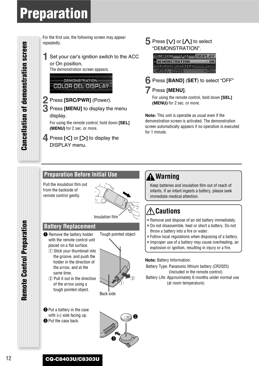 Panasonic CQ-C8403U, CQ-C8303U warranty Cancellation, Remote Control Preparation, Preparation Before Initial Use 