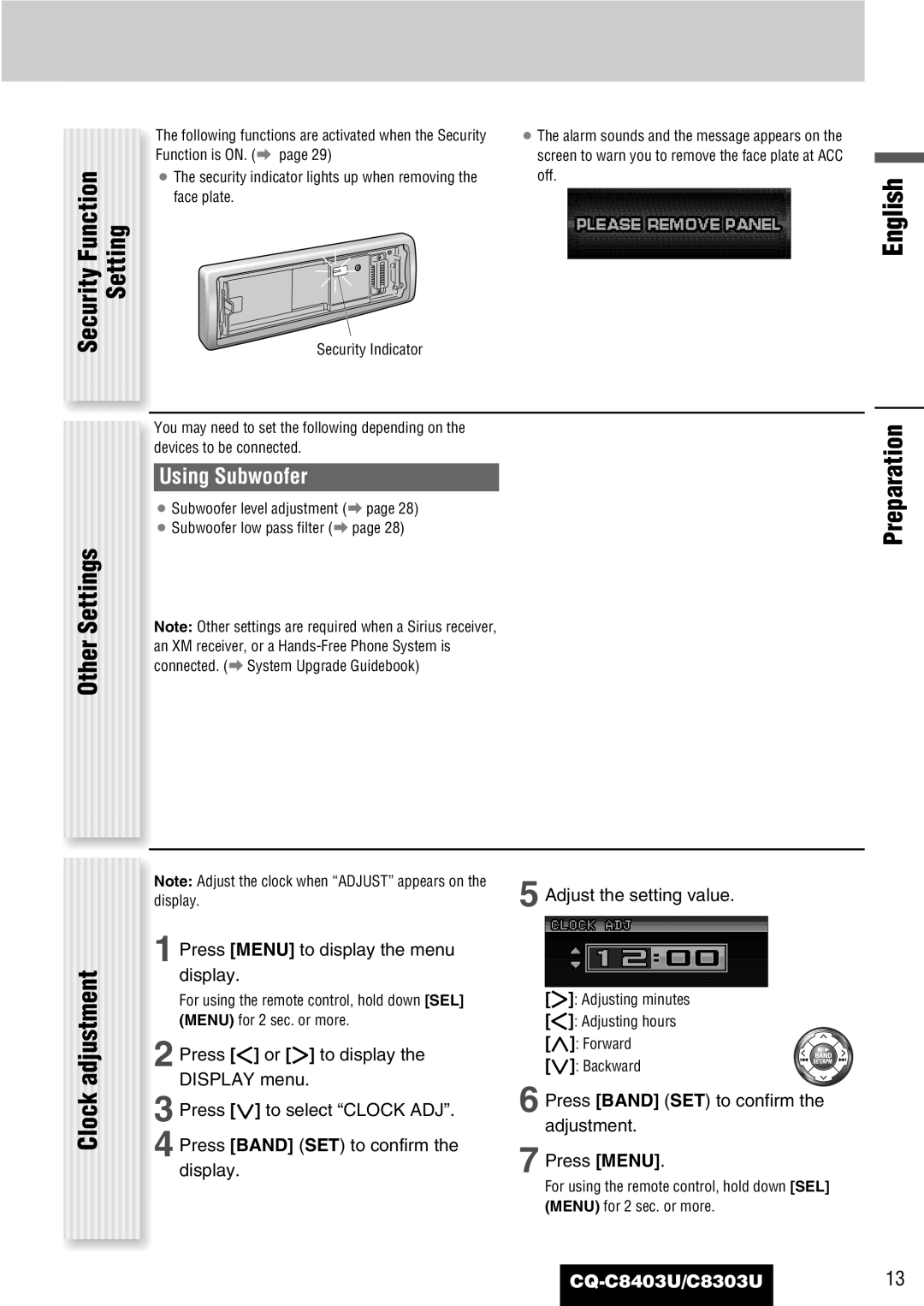 Panasonic CQ-C8303U, CQ-C8403U Security Function Setting, Other Settings, Preparation Clock adjustment, Using Subwoofer 