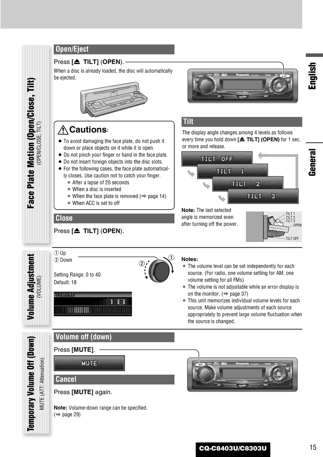 Panasonic CQ-C8303U, CQ-C8403U warranty Motion Open/Close, Tilt, Face Plate, Volume Off Down 