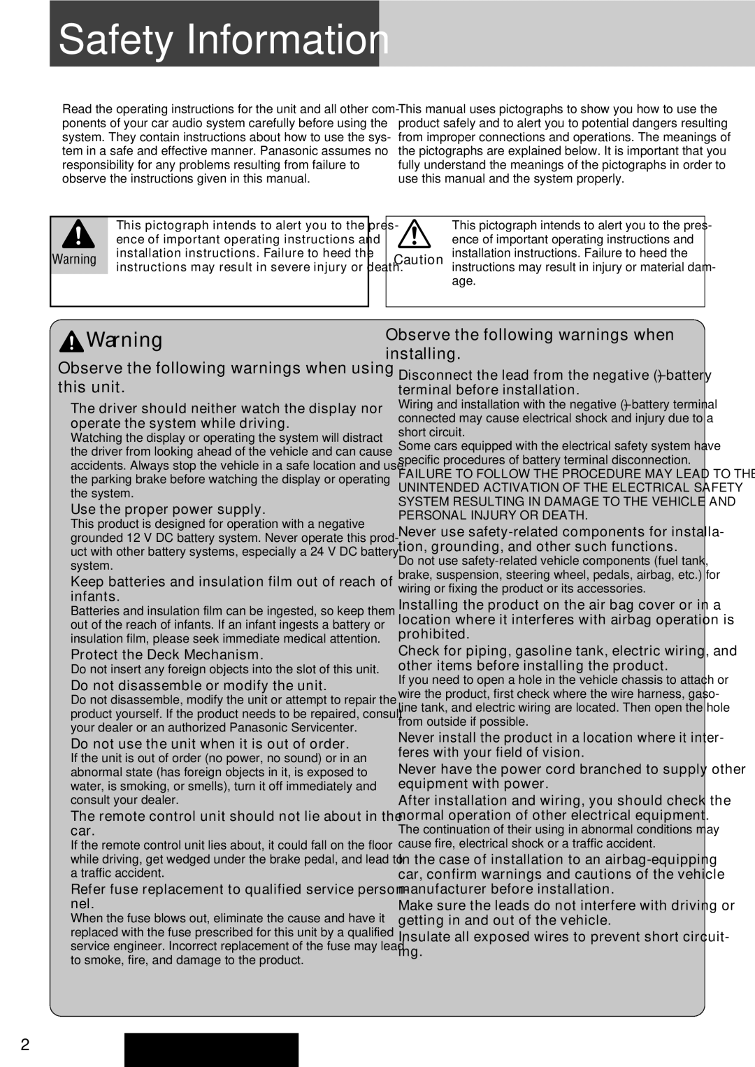 Panasonic CQ-C8403U, CQ-C8303U warranty Safety Information 