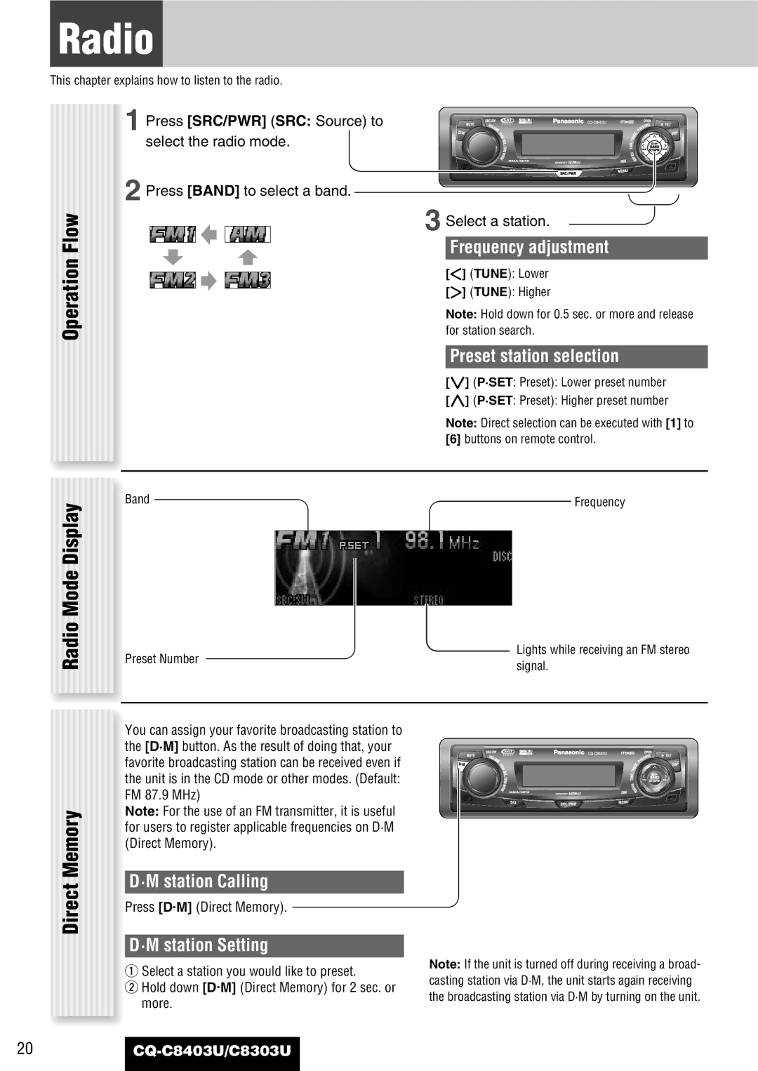 Panasonic CQ-C8403U, CQ-C8303U warranty Radio, Operation Flow Mode Display, Direct Memory 