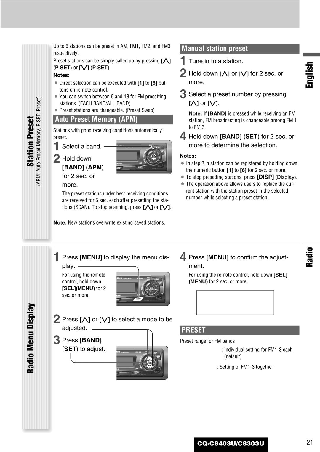 Panasonic CQ-C8303U, CQ-C8403U warranty Radio Menu Display, Auto Preset Memory APM, Manual station preset 