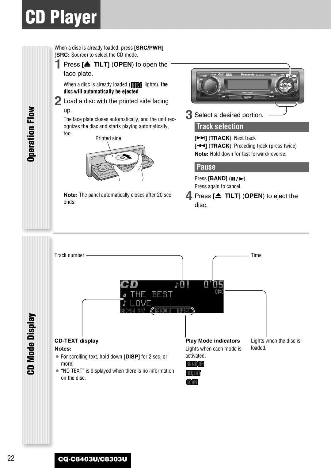 Panasonic CQ-C8403U, CQ-C8303U warranty CD Player, Operation Flow CD Mode Display, Track selection, Pause 