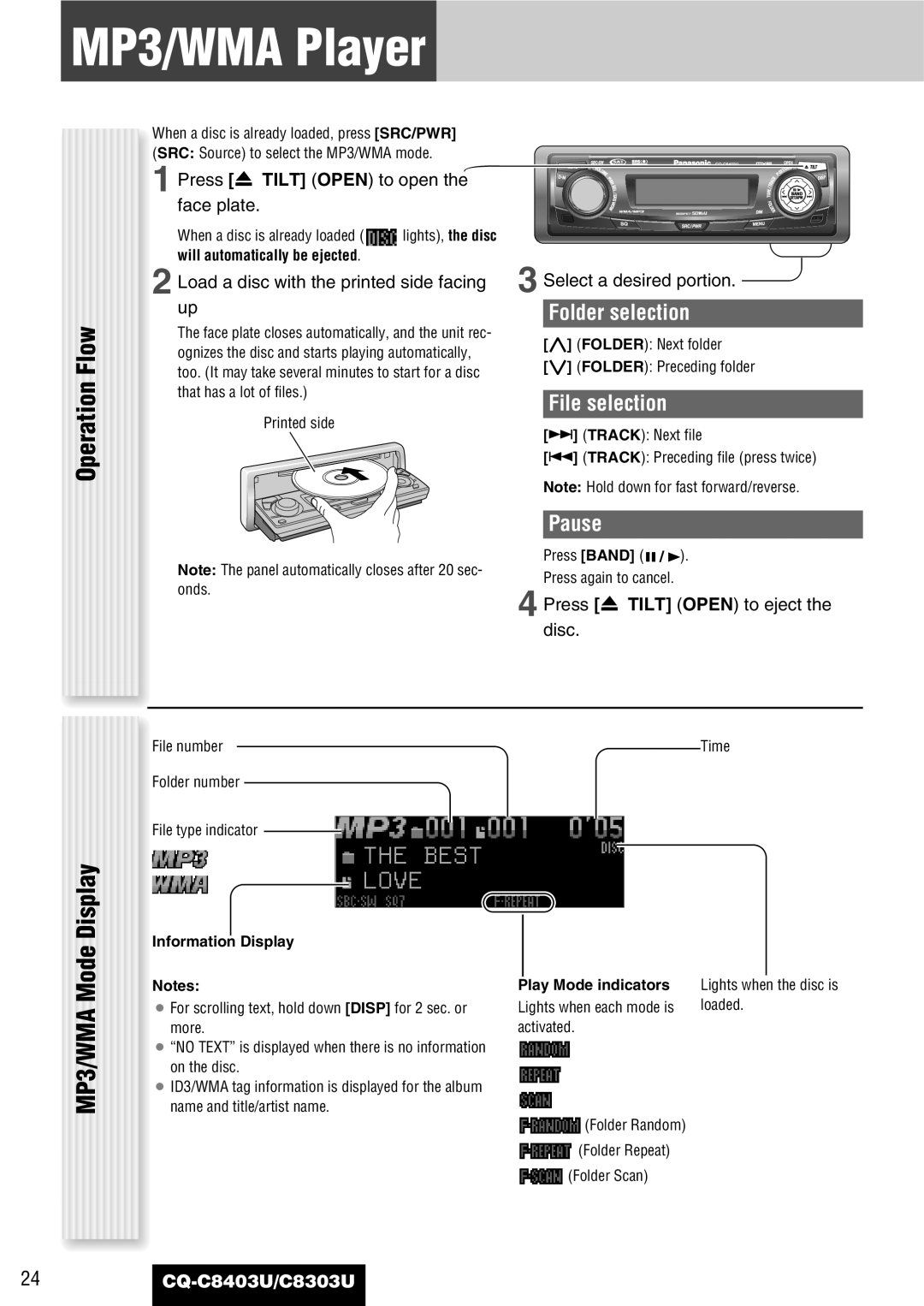 Panasonic CQ-C8403U, CQ-C8303U MP3/WMA Player, Operation Flow, MP3/WMA Mode Display, Folder selection, File selection 