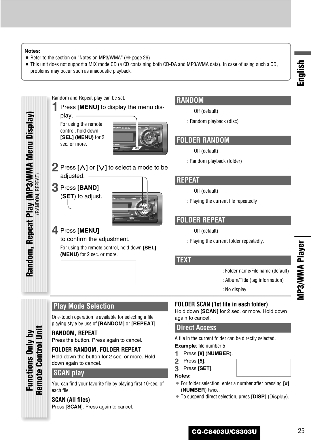 Panasonic CQ-C8303U, CQ-C8403U warranty MP3/WMA Player, Folder Random, Folder Repeat, Text, Play Mode Selection 