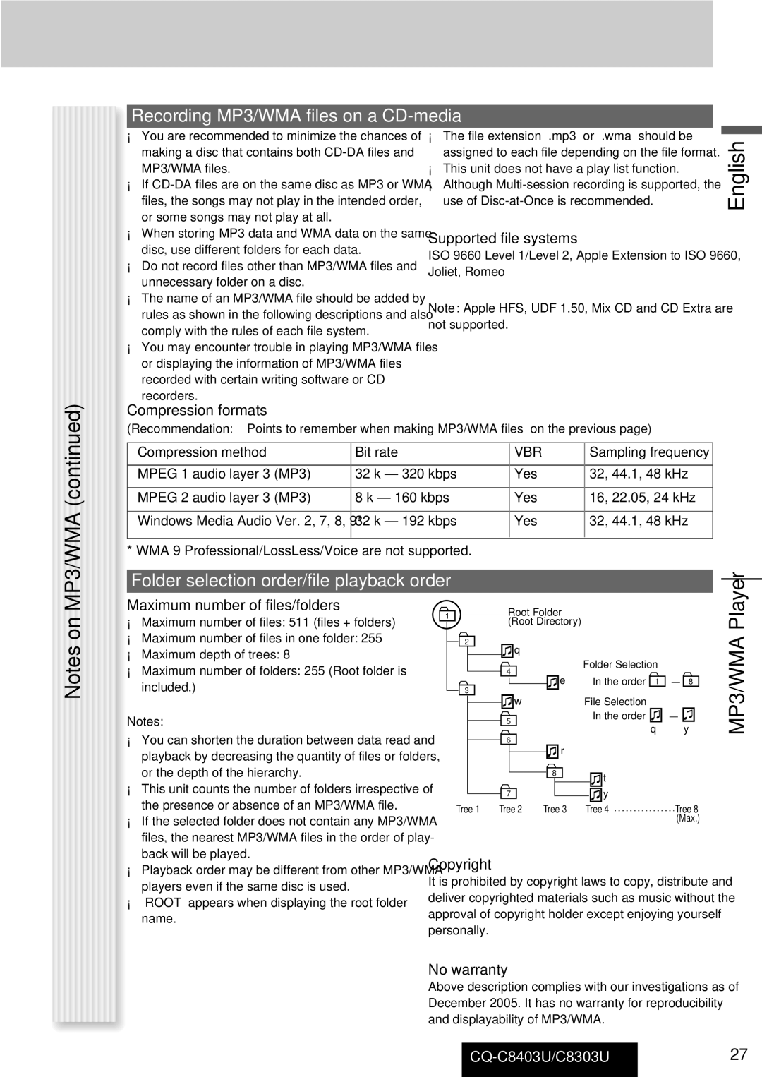 Panasonic CQ-C8303U, CQ-C8403U warranty Recording MP3/WMA files on a CD-media, Folder selection order/file playback order 