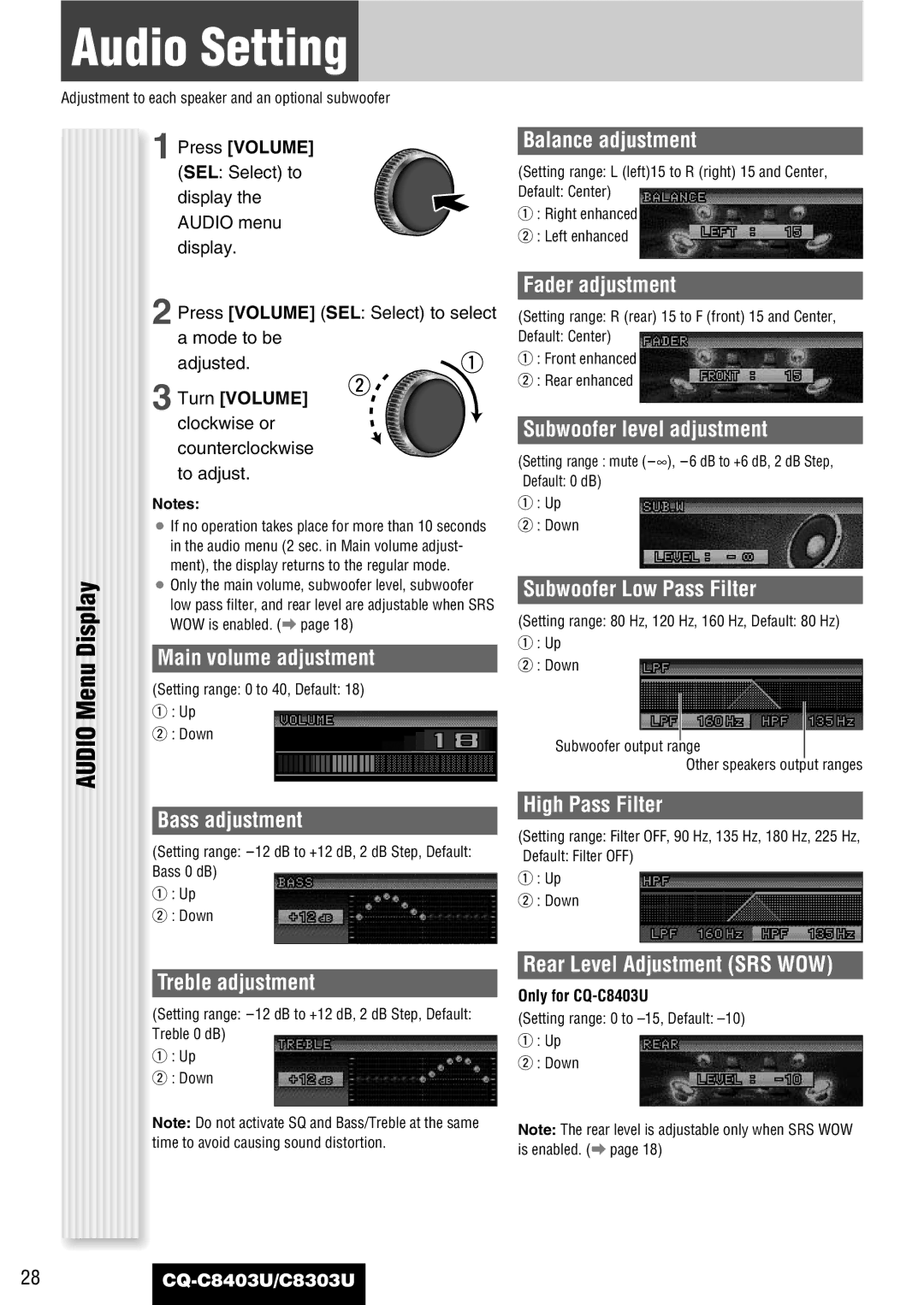 Panasonic CQ-C8403U, CQ-C8303U warranty Audio Setting 