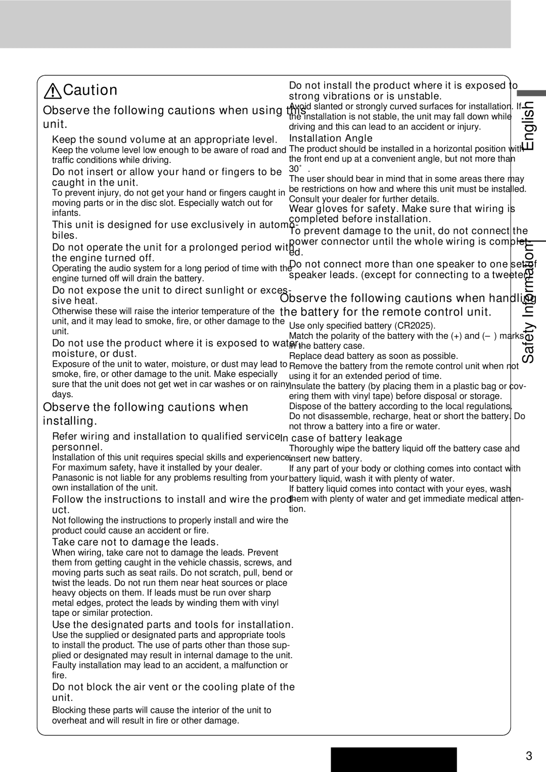 Panasonic CQ-C8303U, CQ-C8403U warranty Safety Information 