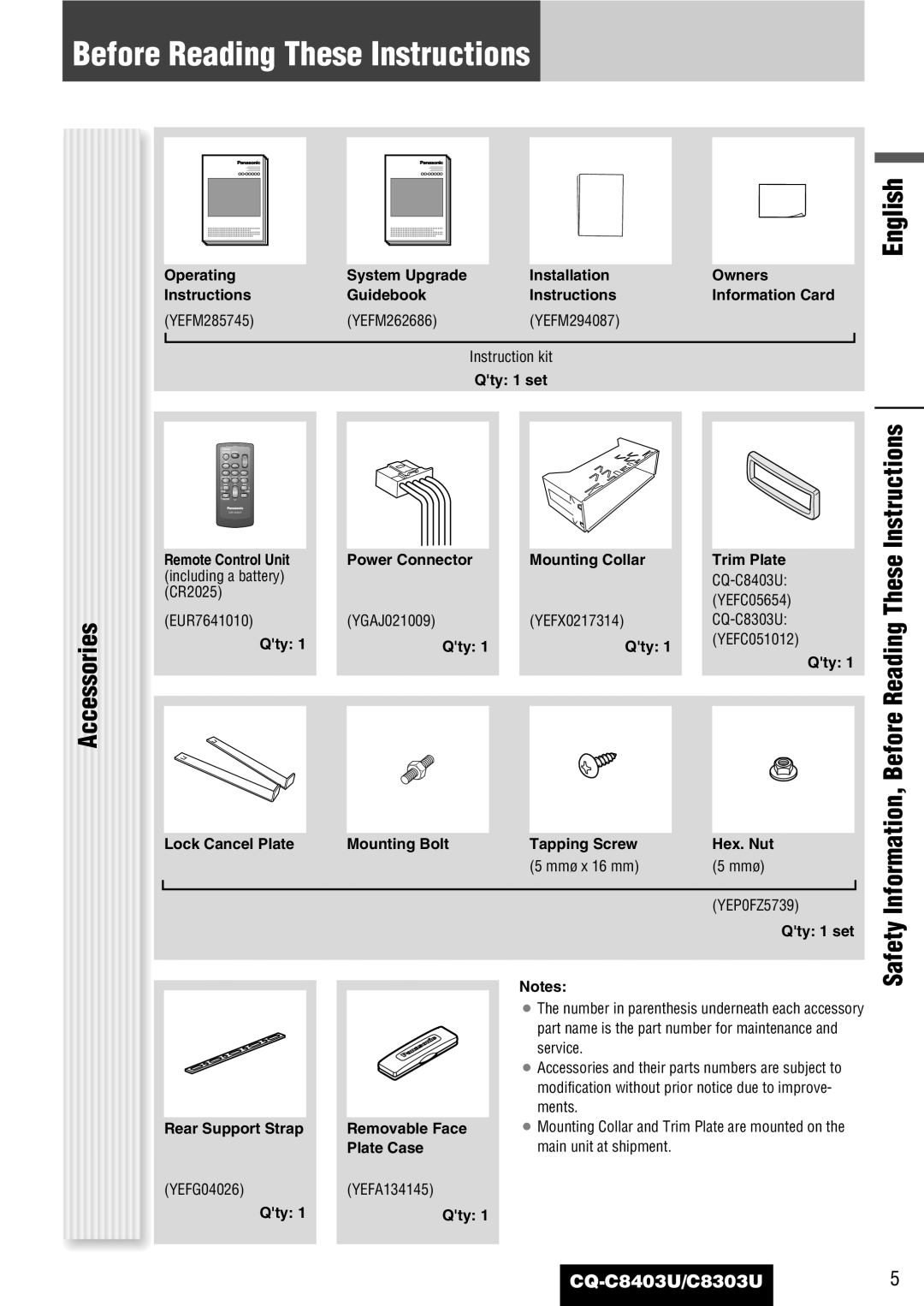 Panasonic CQ-C8303U, CQ-C8403U warranty Before Reading These Instructions, Accessories 