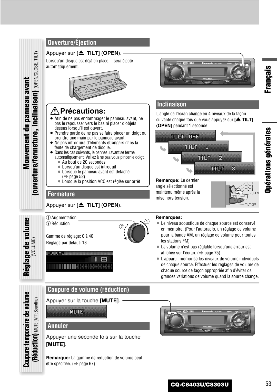 Panasonic CQ-C8303U, CQ-C8403U warranty Précautions, Opérations générales Réglage de volume Volume 