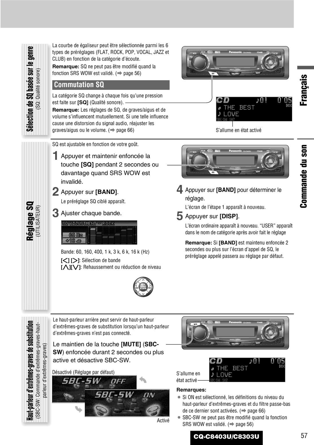 Panasonic CQ-C8303U, CQ-C8403U warranty Réglage SQ, Commande du son, Commutation SQ, SQ basée sur le genre 