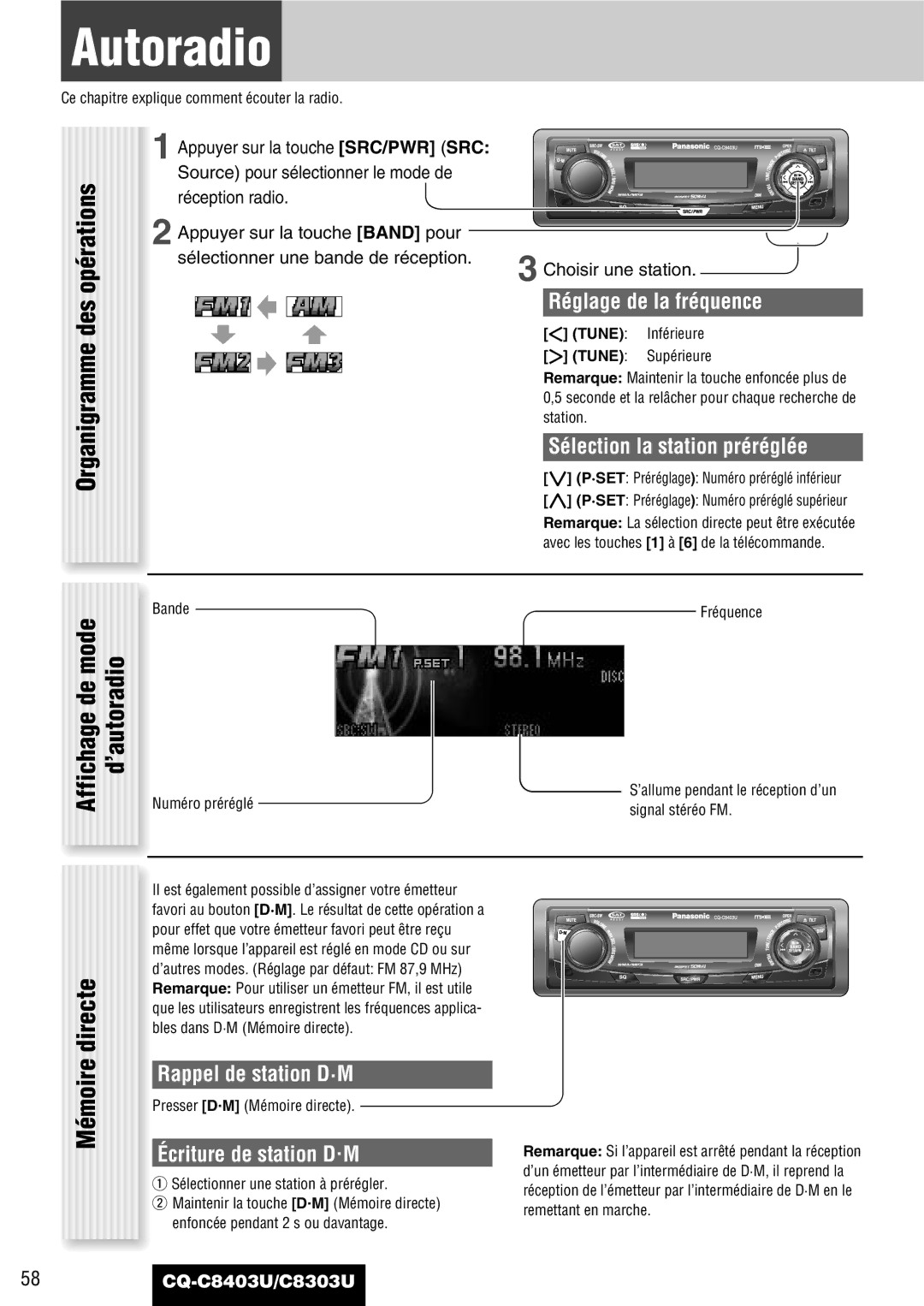 Panasonic CQ-C8403U, CQ-C8303U Autoradio, Organigramme des opérations, Directe, Affichage de mode d’autoradio, Mémoire 