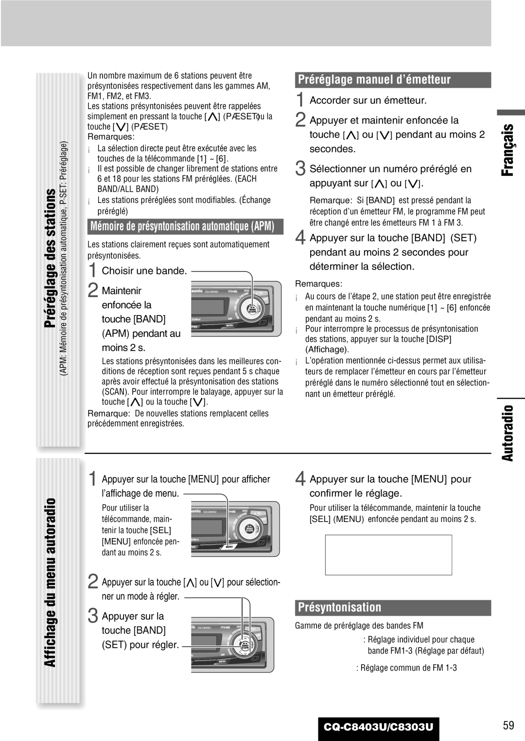 Panasonic CQ-C8303U warranty Préréglage des stations, Autoradio Affichage du menu autoradio, Préréglage manuel d’émetteur 