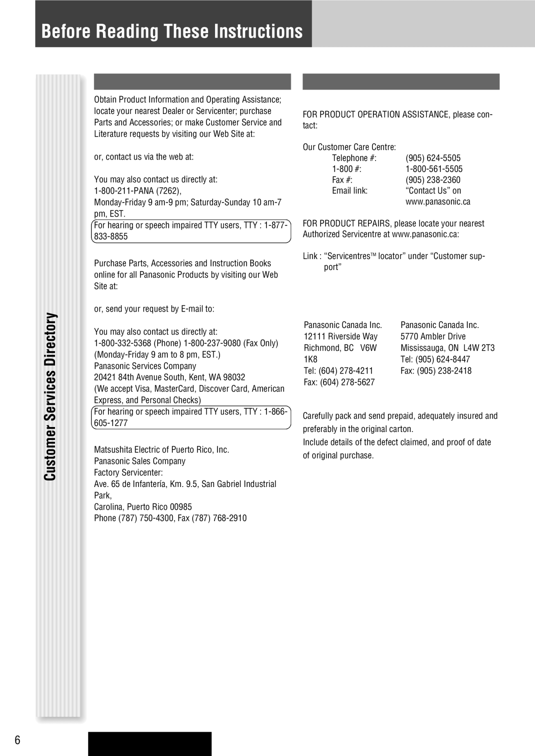 Panasonic CQ-C8403U, CQ-C8303U warranty Customer Services Directory, Canada, Accessory Purchases, Service in Puerto Rico 