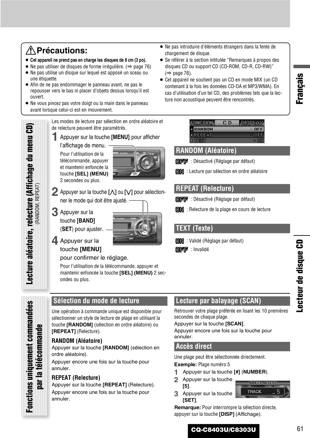 Panasonic CQ-C8303U, CQ-C8403U warranty Lecteur de disque CD 