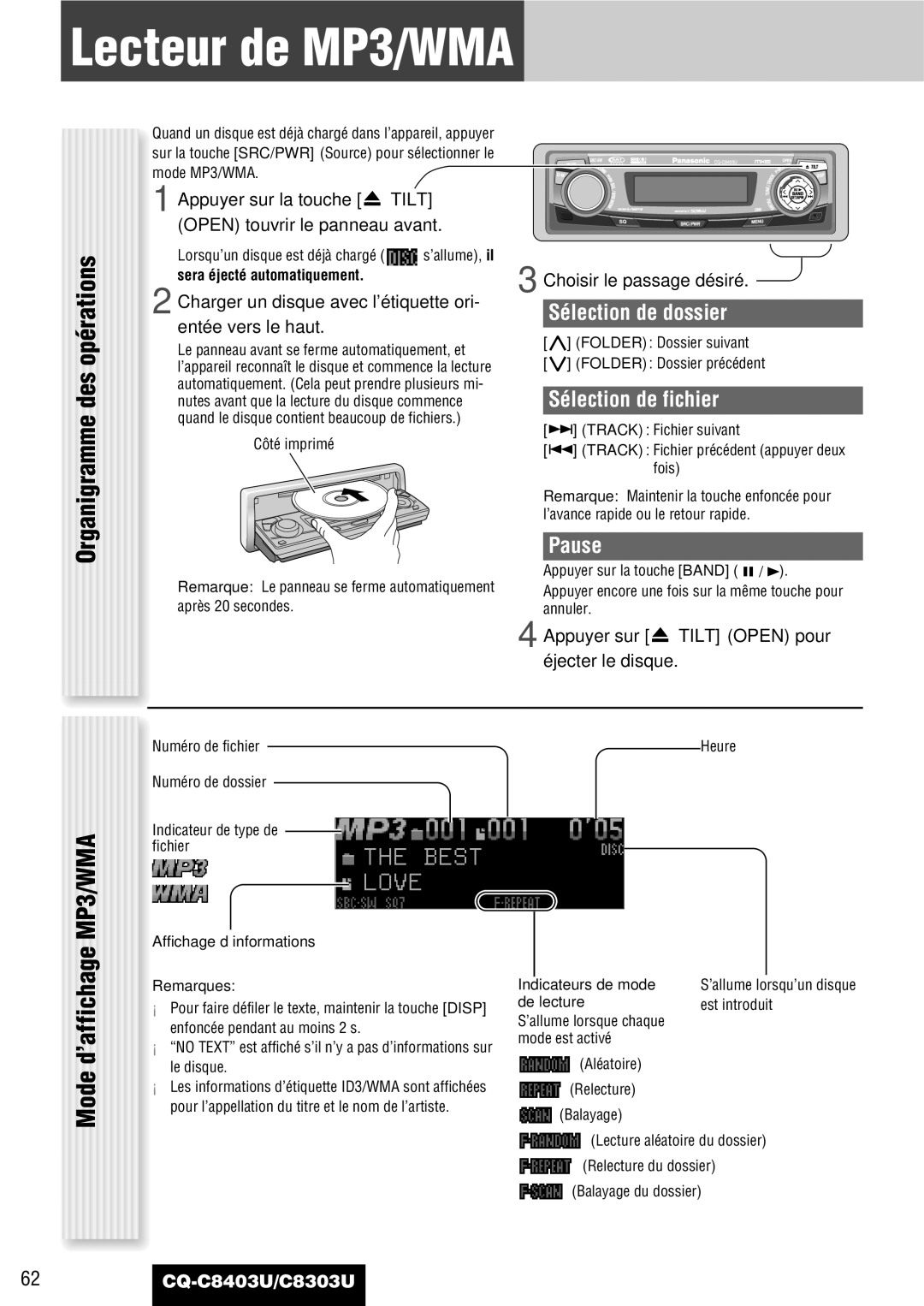 Panasonic CQ-C8403U, CQ-C8303U Lecteur de MP3/WMA, Mode d’affichage MP3/WMA, Sélection de dossier, Sélection de fichier 