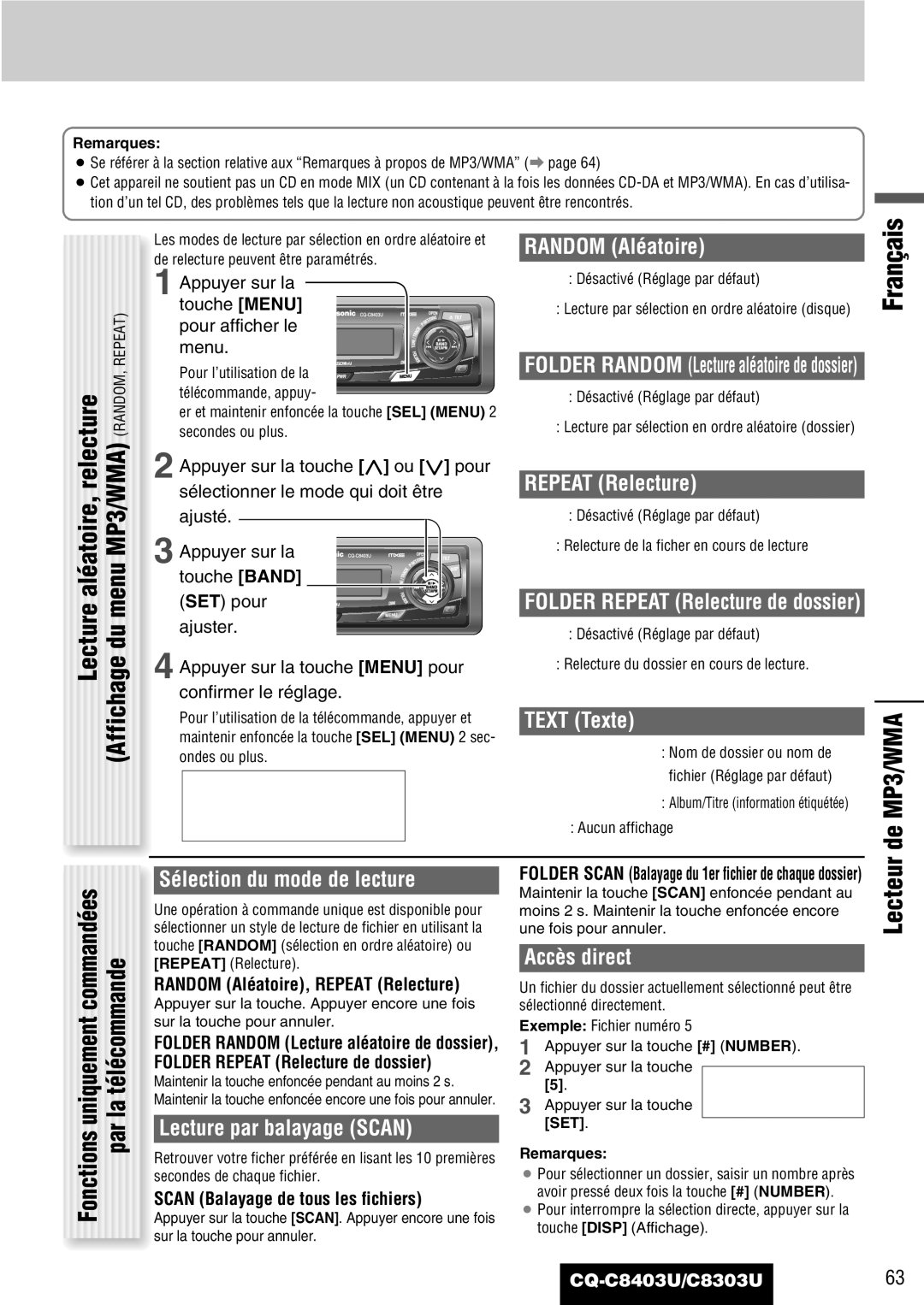 Panasonic CQ-C8303U, CQ-C8403U warranty Lecteur de MP3/WMA, Sélection du mode de lecture, Random Aléatoire, Repeat Relecture 