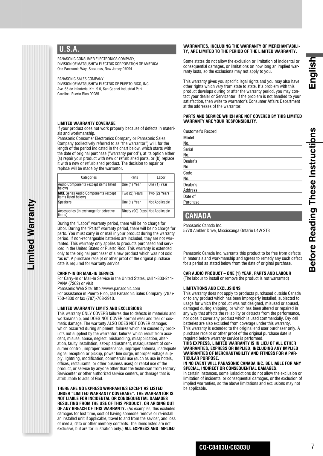 Panasonic CQ-C8303U, CQ-C8403U warranty Limited Warranty, Before Reading These Instructions 