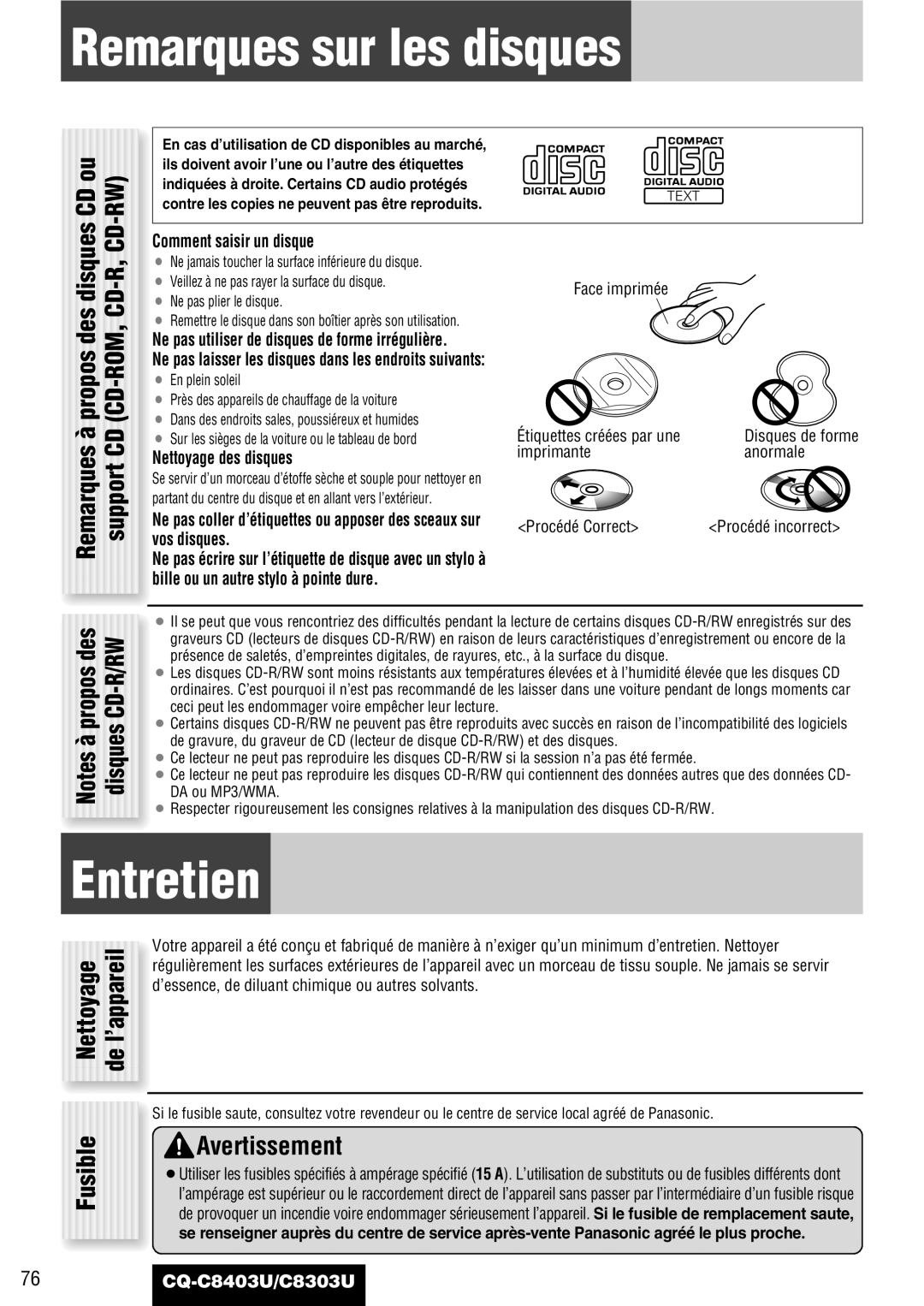 Panasonic CQ-C8403U, CQ-C8303U warranty Remarques sur les disques, Entretien, Fusible, Support, Disques CD-R/RW 