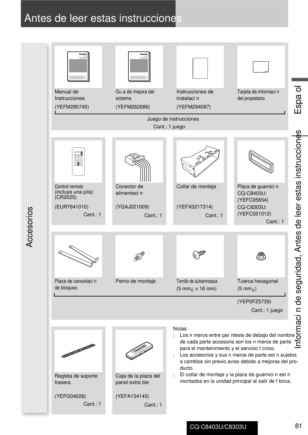 Panasonic CQ-C8303U, CQ-C8403U warranty Antes de leer estas instrucciones, Accesorios, Instrucciones 