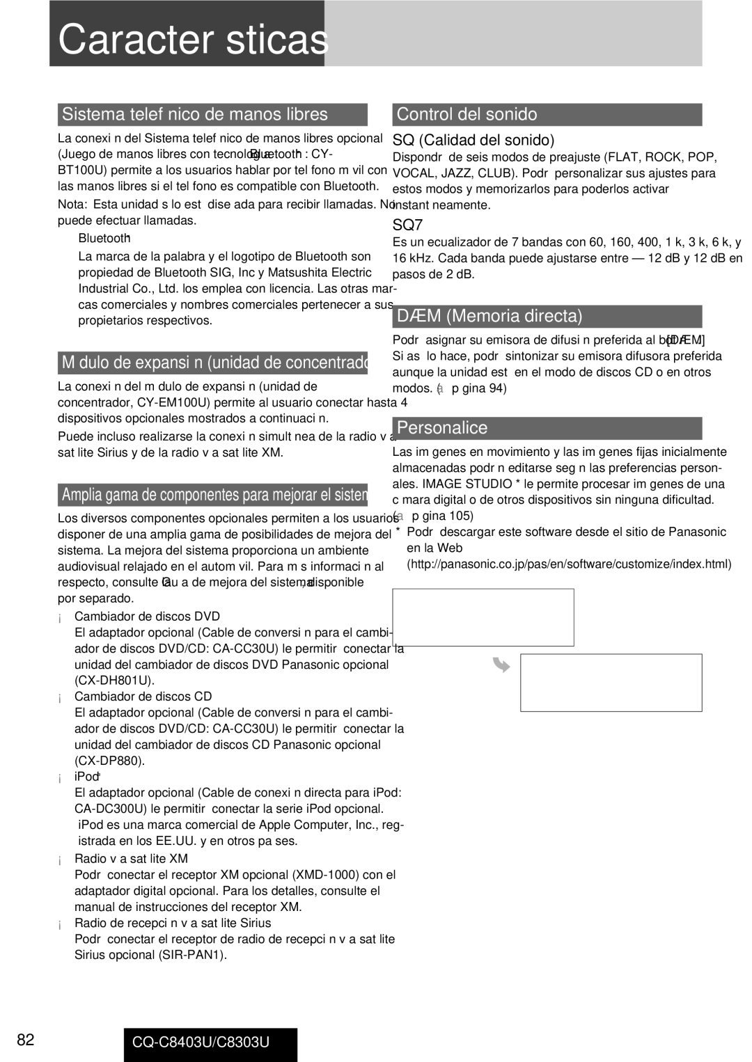 Panasonic CQ-C8403U, CQ-C8303U Características, Sistema telefónico de manos libres, Control del sonido, ·M Memoria directa 